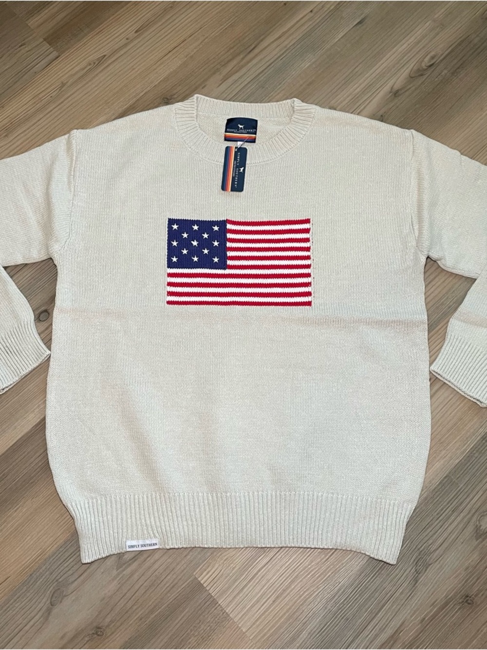 Simply Southern Taupe American Flag Crewneck Sweater Sizes M, L, XL & XXL NWT